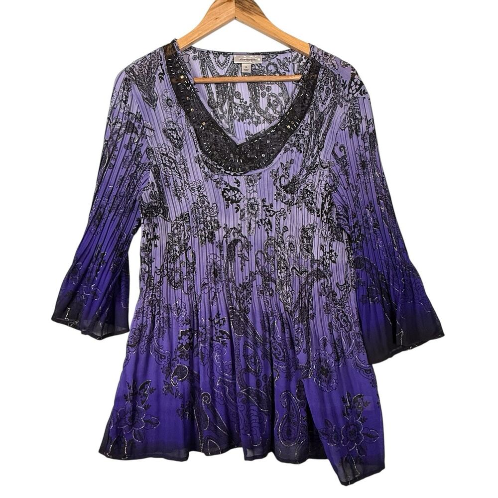 VTG Y2k Whimsigoth Tunic Top SIZE XL Purple Ombre Crinkle Pleated Bell Sleeve